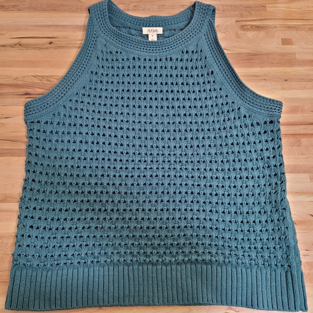Womens Crochet Crewneck Sleeveless Top, Teal Blue